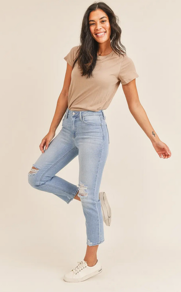 High Rise Straight With Distressed Detail Jeans -- Light Denim