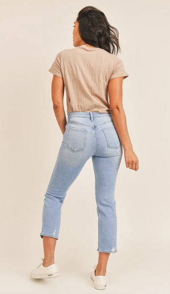 High Rise Straight With Distressed Detail Jeans -- Light Denim