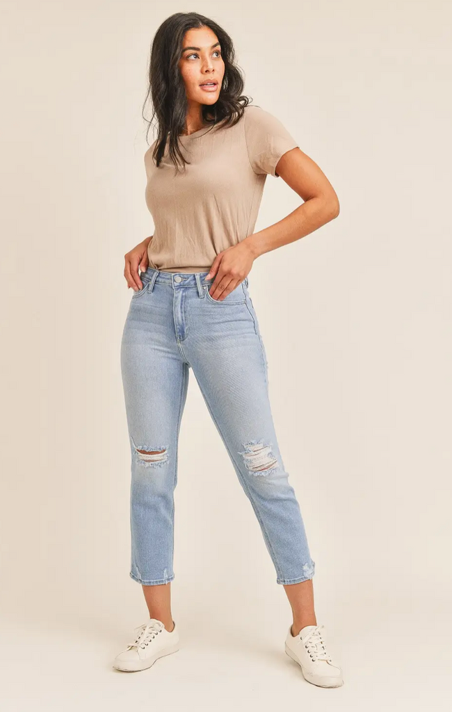 High Rise Straight With Distressed Detail Jeans -- Light Denim