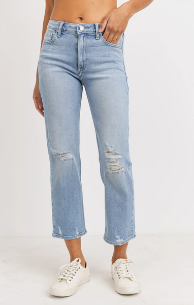 High Rise Straight With Distressed Detail Jeans -- Light Denim