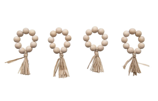 Wood Bead Napkin Rings with Raffia Tassel, Set of 4