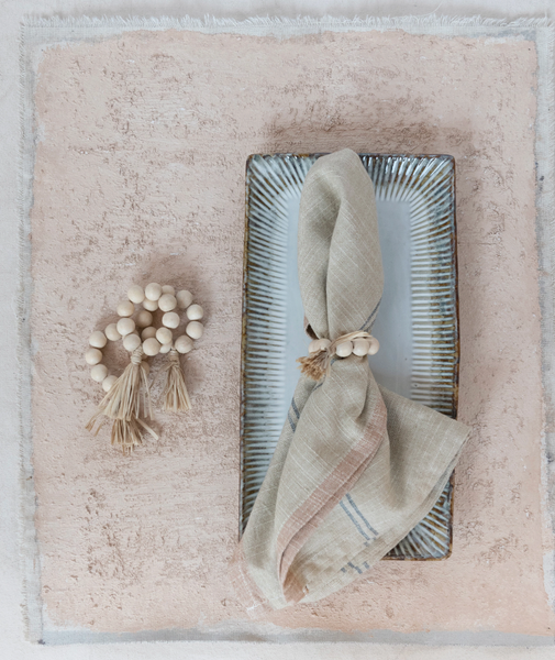 Wood Bead Napkin Rings with Raffia Tassel, Set of 4