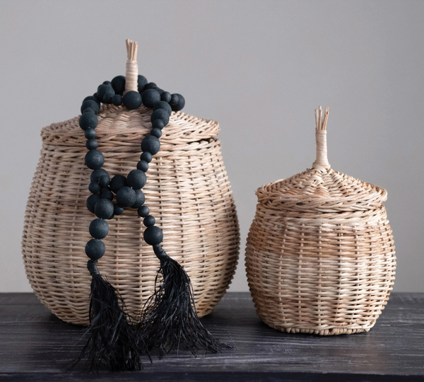 Acacia Wood Bead Garland W/ Raffia Tassel