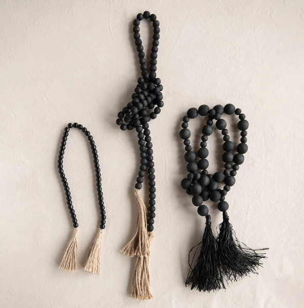 Acacia Wood Bead Garland W/ Raffia Tassel